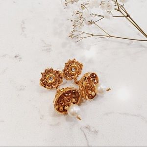 Indian Gold Flower-Shaped Pearl Jhumka Earrings